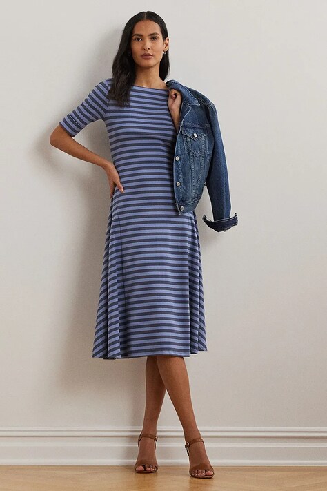 Lauren Ralph Lauren rochie din bumbac culoarea bleumarin, midi, evazată, 250964094