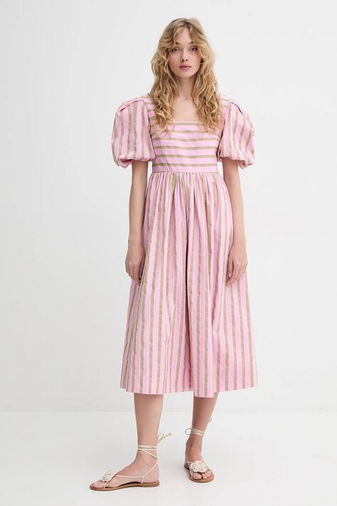 Stine Goya rochie din bumbac culoarea roz, midi, evazată, SG-SS25-D113-2344