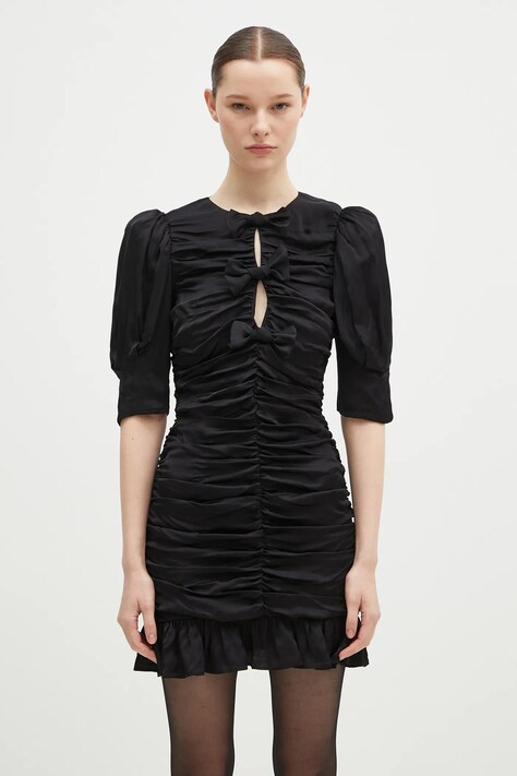 Rotate rochie Satin Mini Ruffle culoarea negru, mini, mulată, 114054100