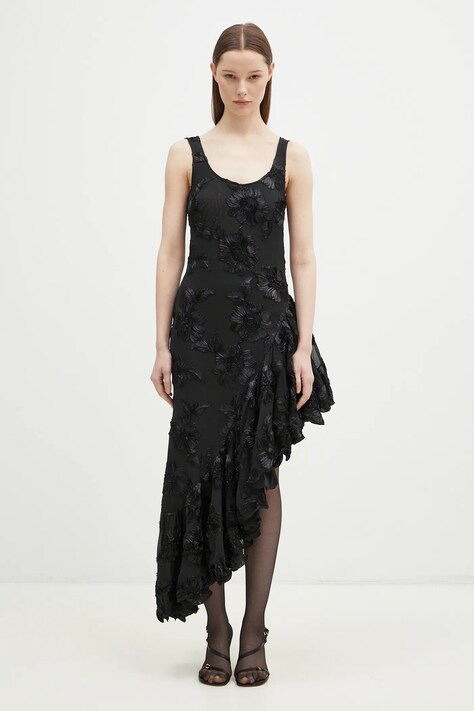 Rotate sukienka Flower Mesh Ruffle kolor czarny midi rozkloszowana 114056100