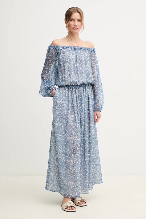 Hedvábné šaty Weekend Max Mara modrá barva, maxi, 2515221162600