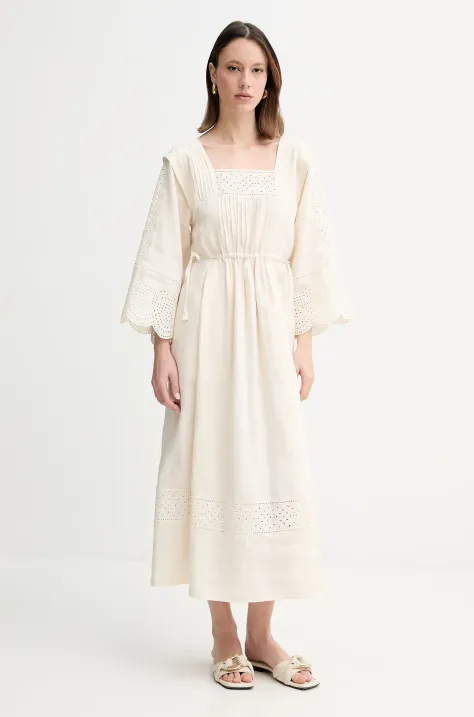 Weekend Max Mara sukienka lniana kolor beżowy maxi rozkloszowana 2515221182600