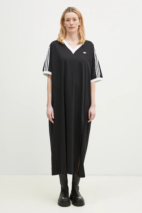 Pamučna haljina adidas Originals V-NECK DRESS boja: crna, maxi, ravna, JX9219