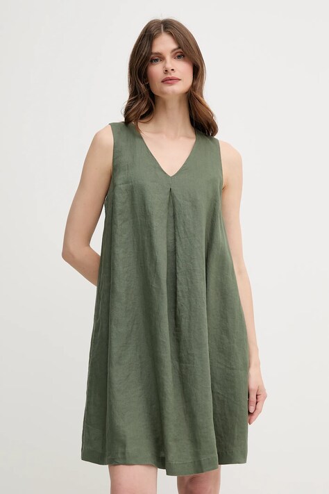 Льняное платье United Colors of Benetton цвет зелёный mini расклешённое 4AGHDV0AX