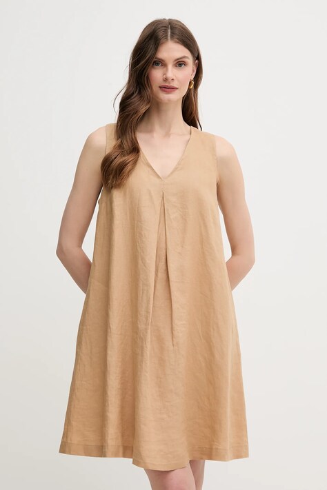 United Colors of Benetton rochie din in culoarea bej, mini, evazată, 4AGHDV0AX