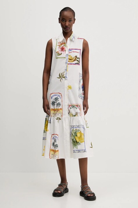 Desigual rochie din bumbac BARCELONA culoarea alb, midi, dreaptă, 25SWVW42