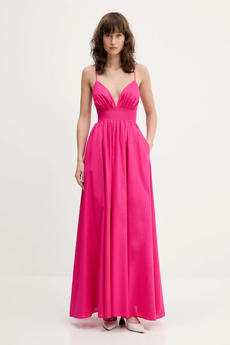 HUGO rochie din bumbac culoarea roz, maxi, evazată, 50536456
