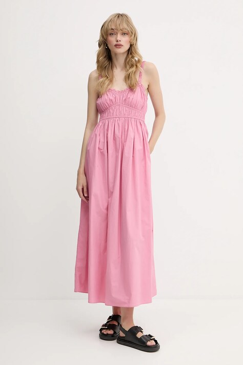 BOSS Orange rochie din bumbac culoarea roz, maxi, evazați, 50537919