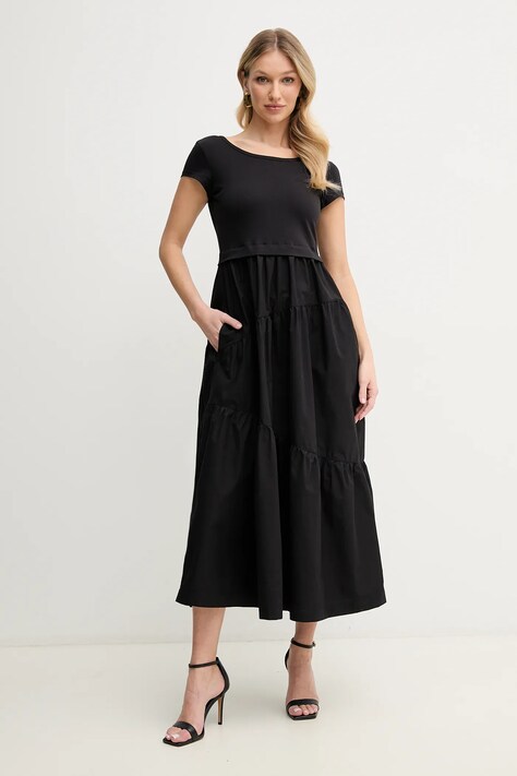 BOSS Orange rochie din bumbac culoarea negru, midi, evazată, 50536742
