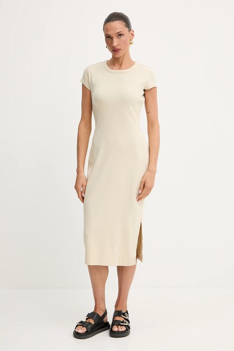 Šaty BOSS Orange béžová barva, mini, přiléhavé, 50536979