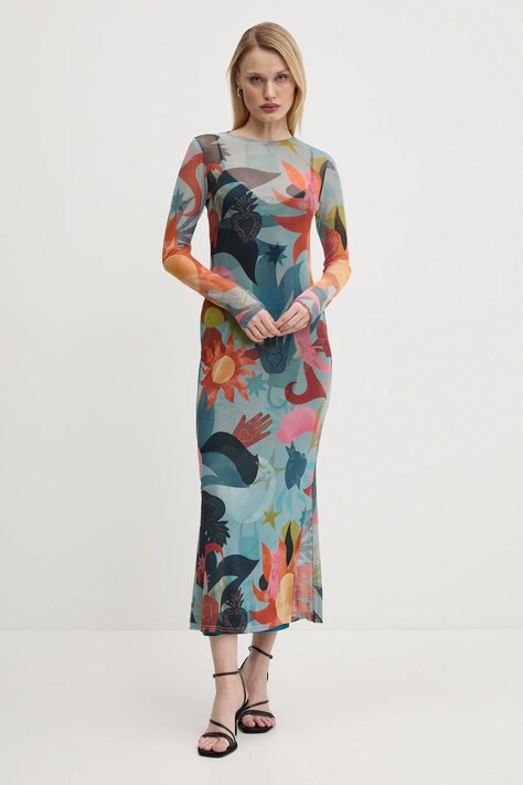 Never Fully Dressed rochie Balearic Mesh culoarea verde, midi, mulată, NFDDR1833