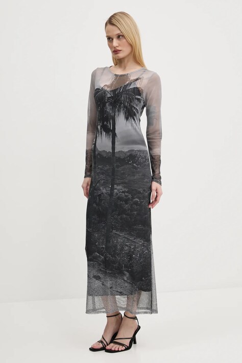 Never Fully Dressed rochie Mallorca Scene Mesh culoarea gri, midi, dreaptă, NFDDR1817