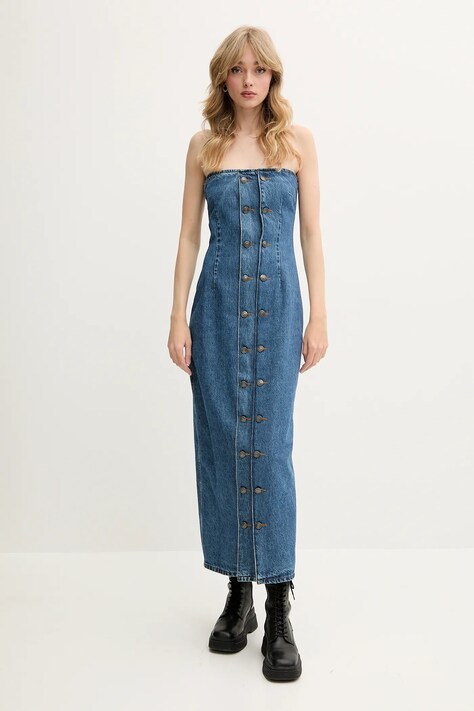 Rotate rochie din denim culoarea negru, midi, mulată, 1140741602