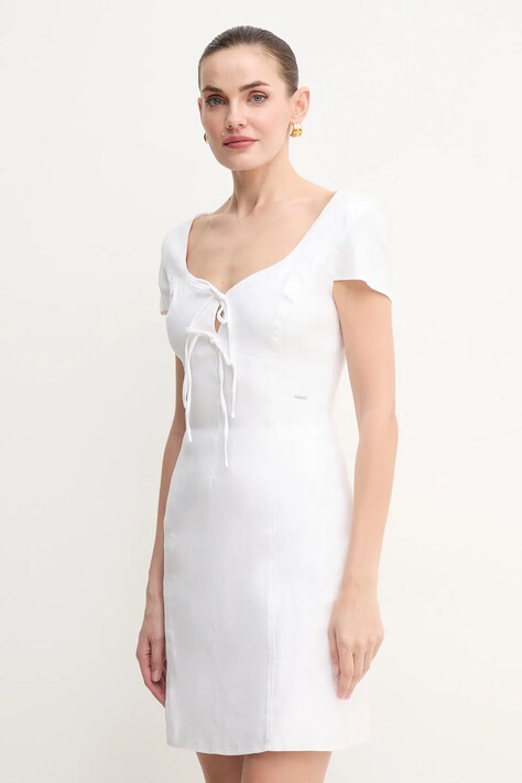 Guess rochie din in ISABEAU culoarea alb, mini, dreaptă, W5GK41 WH5L2