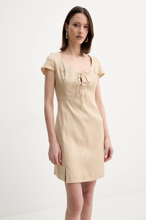 Guess rochie din in ISABEAU culoarea bej, mini, dreaptă, W5GK41 WH5L2