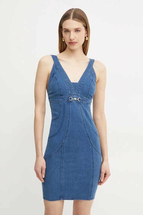 Рокля с коприна Guess JEWEL в синьо къса с кройка по тялото W5GK75 D5LK0