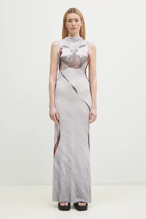 Рокля Ottolinger Mesh Maxi в сиво дълга с кройка по тялото 101-500301-02