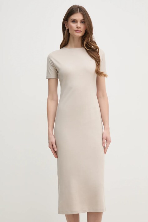 Хлопковое платье Calvin Klein цвет бежевый midi облегающее K20K208299