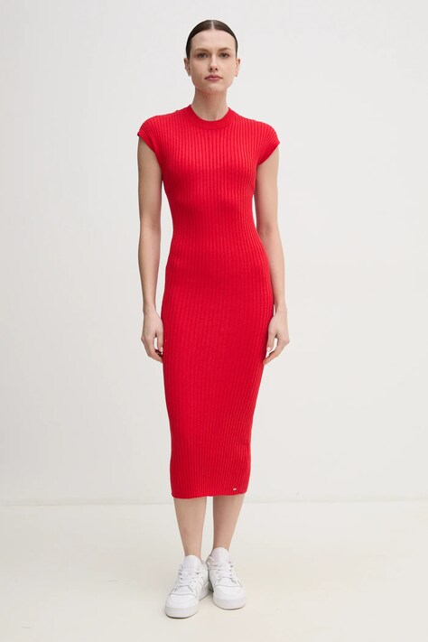 Tommy Hilfiger rochie culoarea rosu, midi, mulată, WW0WW44493
