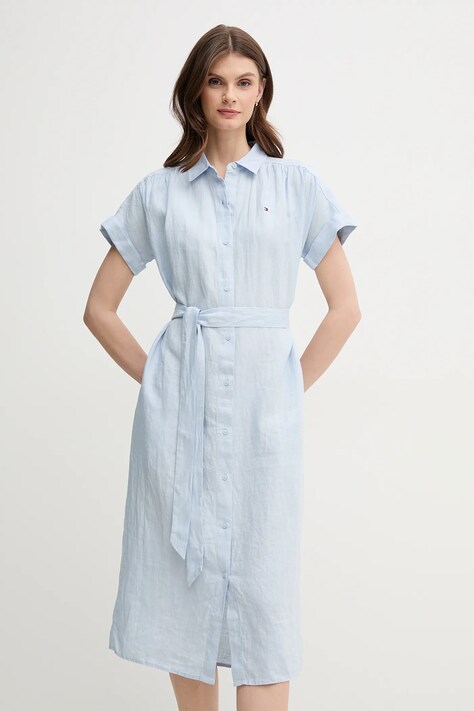 Lněné šaty Tommy Hilfiger modrá barva, midi, WW0WW44653