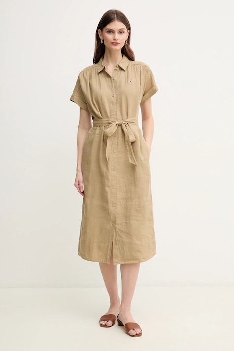 Tommy Hilfiger rochie din in culoarea verde, midi, evazată, WW0WW44653