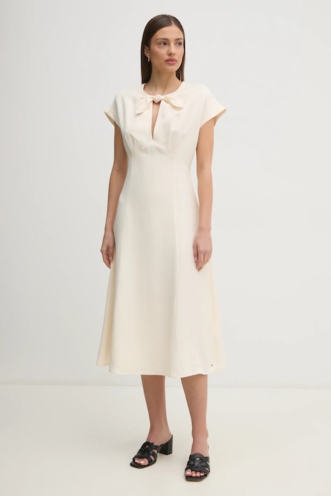 Tommy Hilfiger rochie din amestec de in culoarea bej, midi, evazată, WW0WW44659