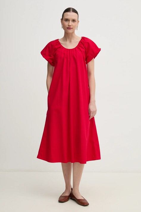 Tommy Hilfiger rochie din bumbac culoarea rosu, midi, evazată, WW0WW44667