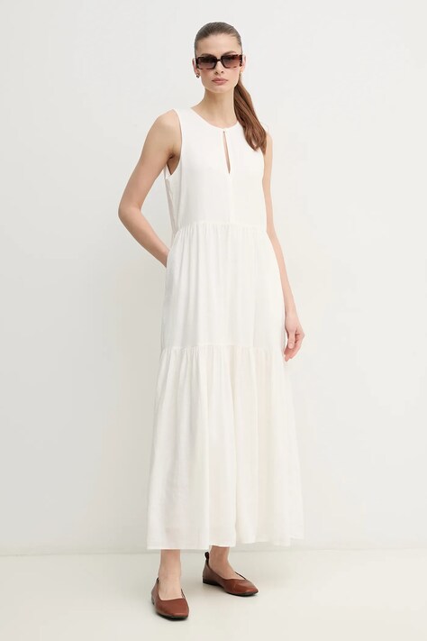 Lněné šaty Dkny béžová barva, maxi, DJ5D9059