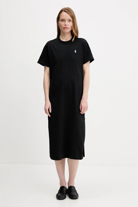 Polo Ralph Lauren rochie din bumbac culoarea negru, midi, dreaptă, 211971066