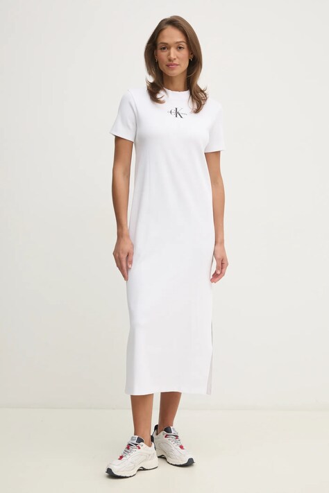 Calvin Klein Jeans rochie culoarea alb, maxi, dreaptă, J20J225543