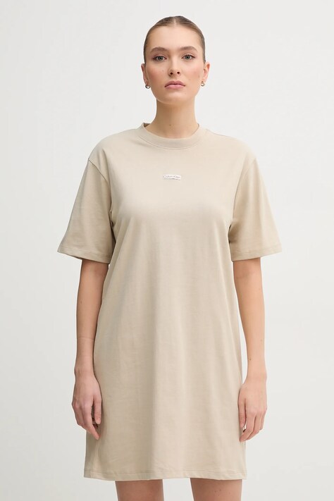 Calvin Klein Jeans rochie din bumbac culoarea bej, mini, oversize, J20J225289