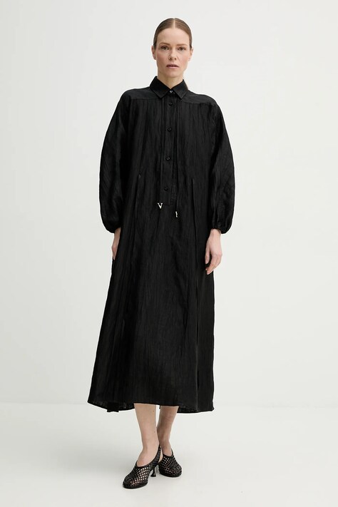 AERON rochie din in ANN culoarea negru, maxi, evazată, DR578569