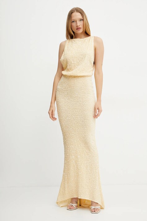 Elisabetta Franchi rochie de catifea culoarea galben, maxi, mulată, ABR5252E2