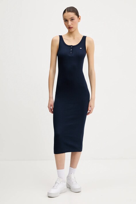 Tommy Jeans rochie din bumbac culoarea bleumarin, midi, mulată, DW0DW19477