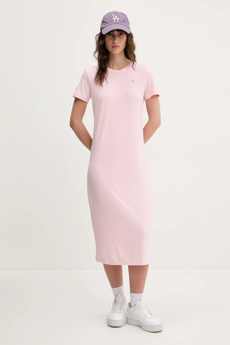 Tommy Jeans rochie culoarea roz, midi, evazată, DW0DW19721