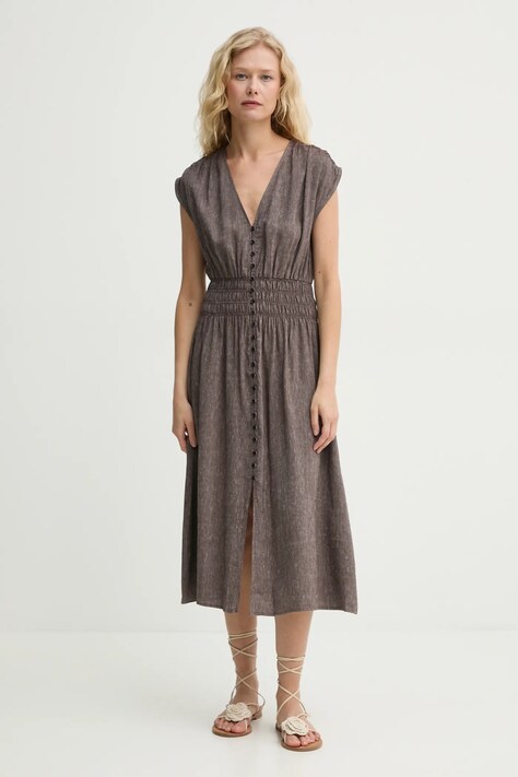 Sessun rochie din amestec de in culoarea maro, midi, evazată, 25205026