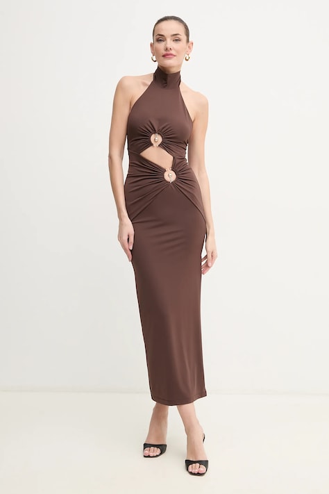 Bardot rochie NEVE culoarea maro, maxi, mulată, 59824DB