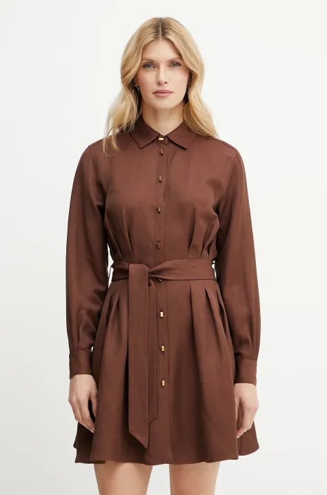 Marciano Guess sukienka z domieszką lnu GRETA kolor brązowy mini rozkloszowana 5GGK36 7316A