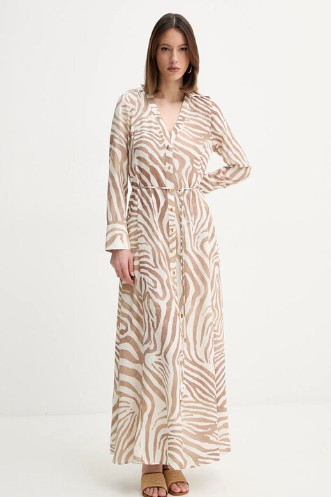 Šaty s příměsí lnu Marciano Guess GISELLE béžová barva, maxi, 5GGK08 7314A
