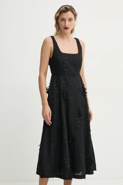 MUNTHE rochie din bumbac FRONIA culoarea negru, midi, evazată, 251134825125