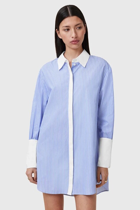 Bavlněné šaty AllSaints ALBER modrá barva, mini, oversize, W250DC