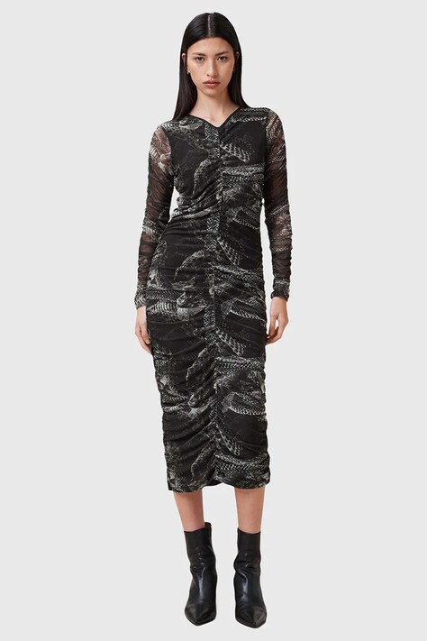 AllSaints rochie KEIKO culoarea gri, midi, mulată, W003DC