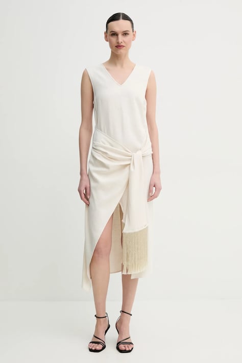 ISABELLE BLANCHE rochie din amestec de in culoarea bej, midi, mulată, IS25SS-A146-T005