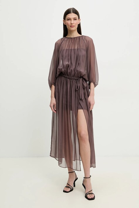 ISABELLE BLANCHE rochie de mătase culoarea maro, maxi, evazată, IS25SS-A033-T024