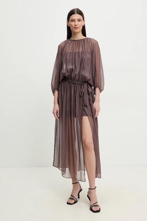 ISABELLE BLANCHE rochie de mătase culoarea maro, maxi, evazată, IS25SS-A033-T024