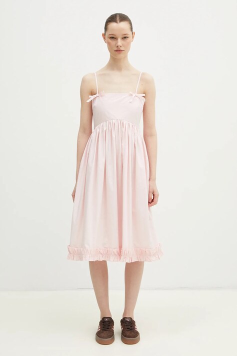 GANNI sukienka bawełniana Cotton Poplin Strap kolor różowy mini rozkloszowana W0325