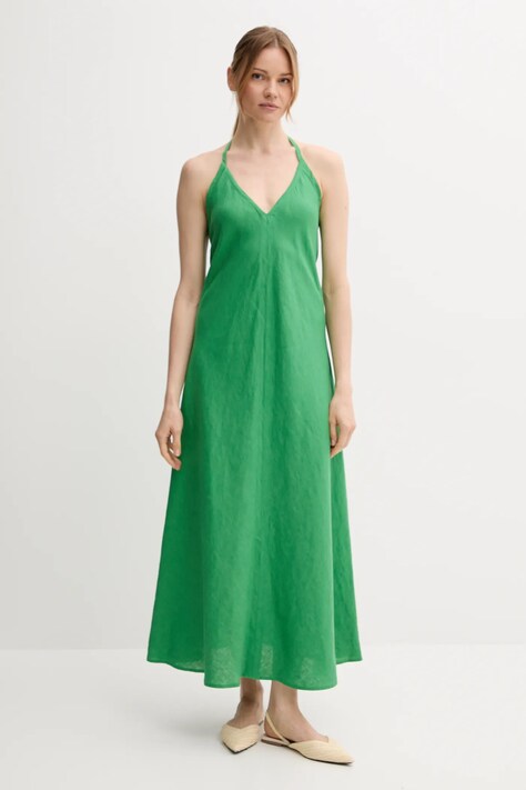 Льняное платье United Colors of Benetton цвет зелёный maxi расклешённое 4AGHDV0BF