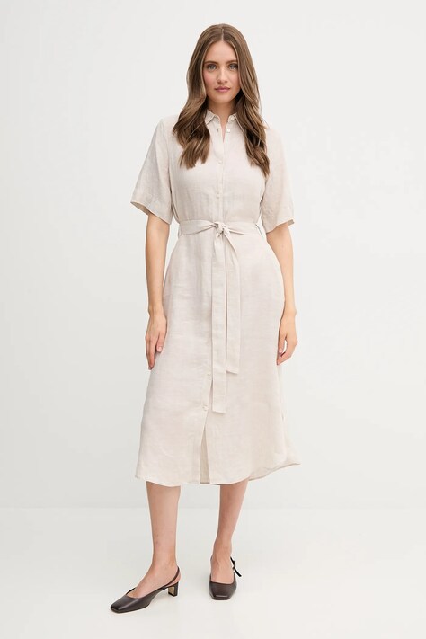 Gant rochie din in culoarea bej, midi, dreaptă, 4503390