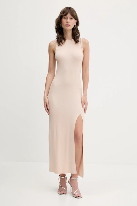 FROM FUTURE rochie din lână culoarea bej, maxi, mulată, WRO02676