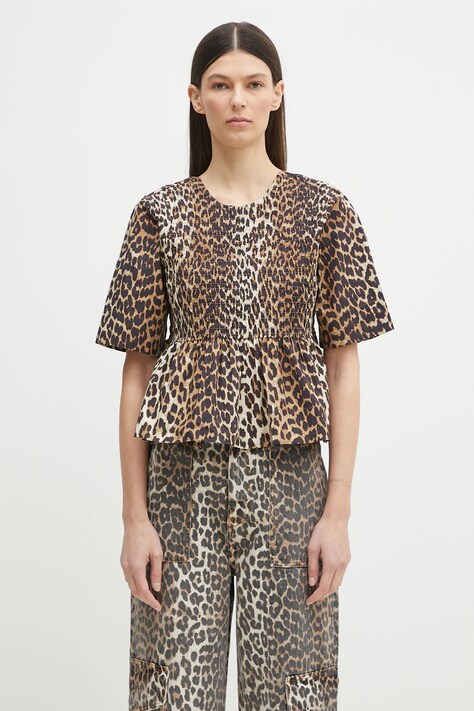 GANNI cotton blouse women's brown color patterned